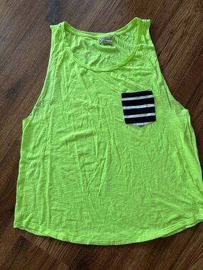 PINK Victoria's Secret Neon Yellow Tank with Black & White Stripe Pocket large